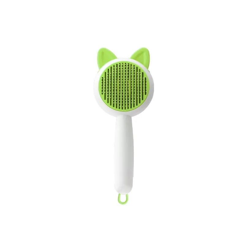 Self-cleaning pet grooming comb for cats in greenish white colour with stainless steel teeth
