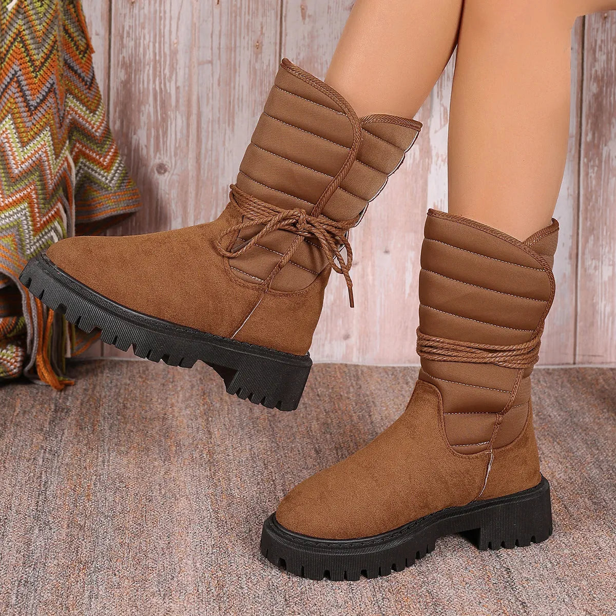Women's black suede chunky heel snow boots with lace-up design and fleece lining