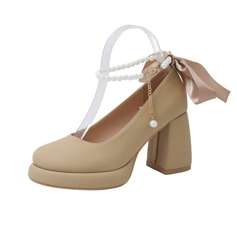Women's beige Mary Jane shoes with chunky heel, pearl decoration, and ankle-strap buckle