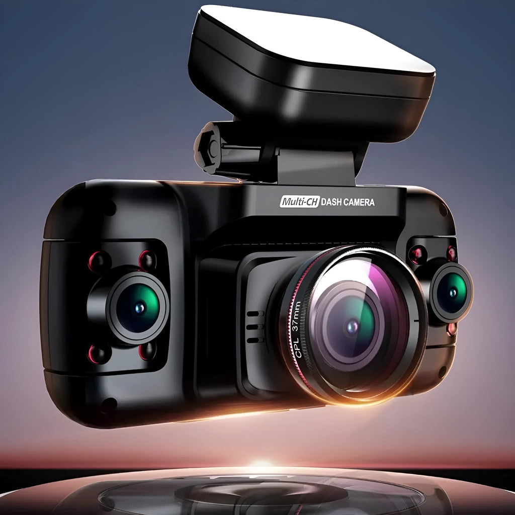 Compact black plastic car dash cam with four lenses and a 2-inch screen for GPS logging and parking surveillance.