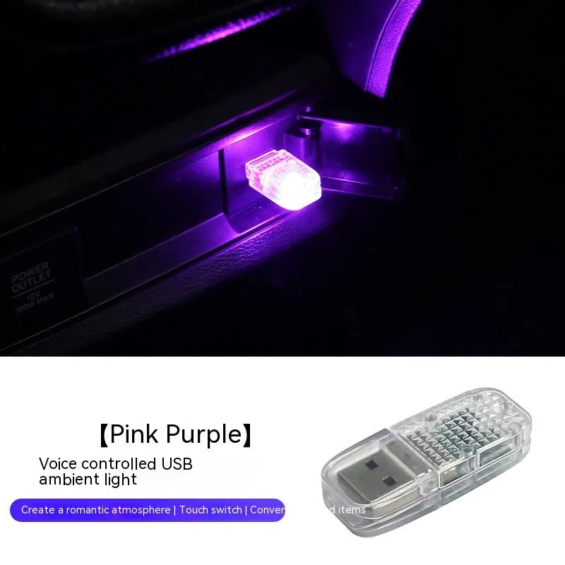 Multi-function USB car atmosphere light showing RGB and solid colour modes on a dashboard.