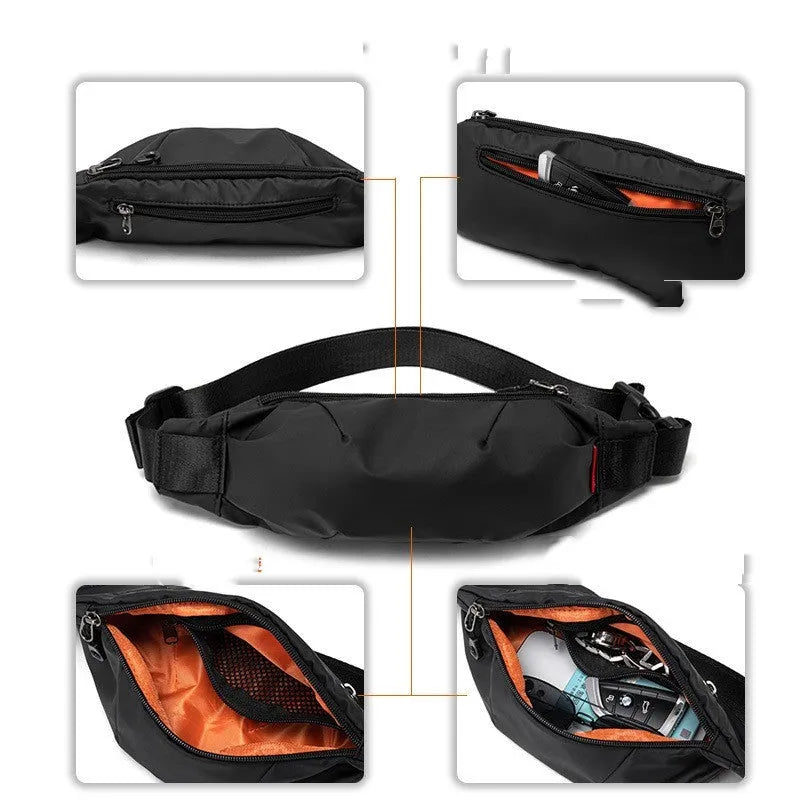 Black Oxford cloth crossbody waist pack with multiple internal pockets showing dimensions