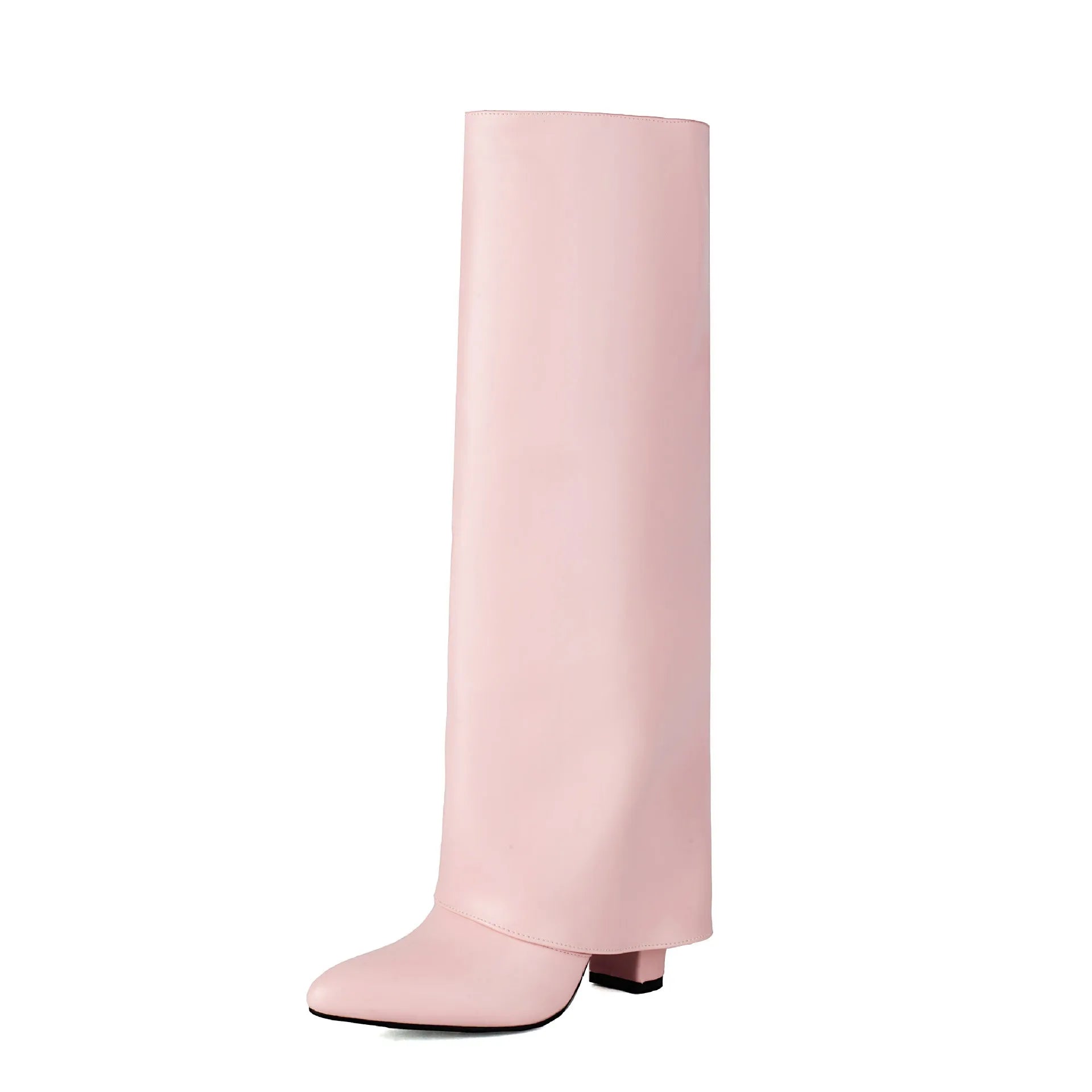 Women's plus size thick high heel ankle boots in black, white, or pink with high cylinder design and sewing line detail.