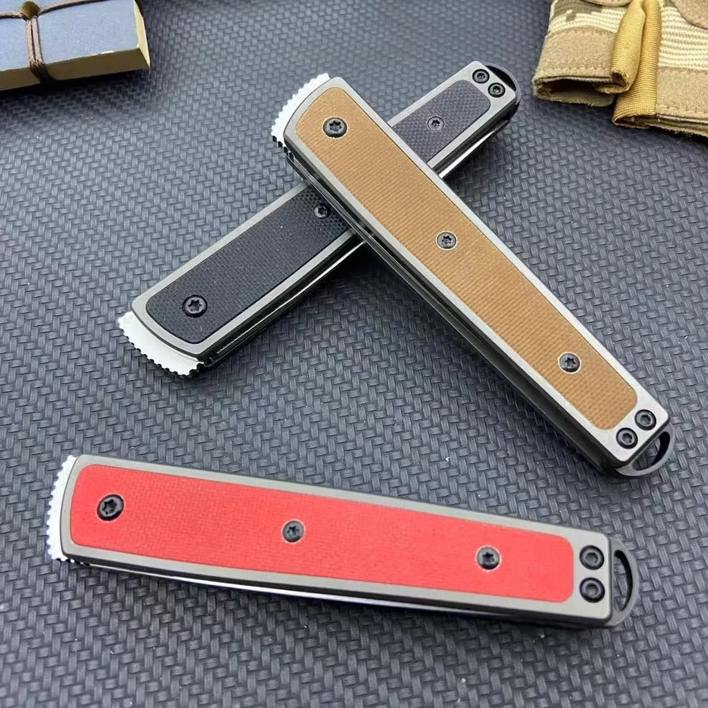 Folding fruit knife with stainless steel blade extended, showing black handle variant with blade measurements