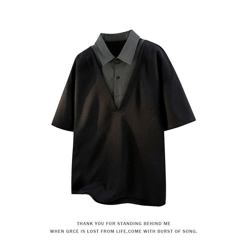 Men's heavy Henry collar polo shirt sweater in black and apricot colours with short sleeves