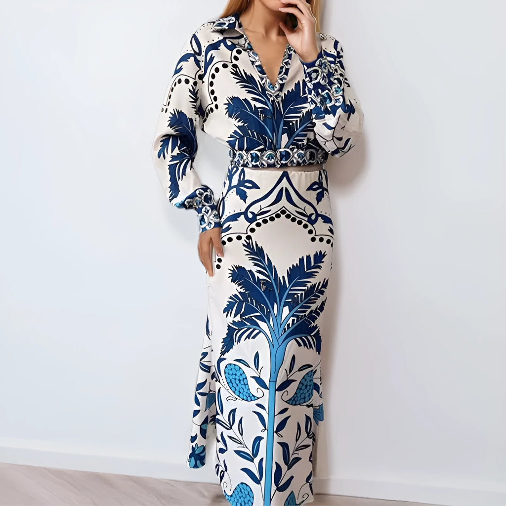 Women's casual polyester two-piece outfit set with long sleeves and matching skirt in picture colour