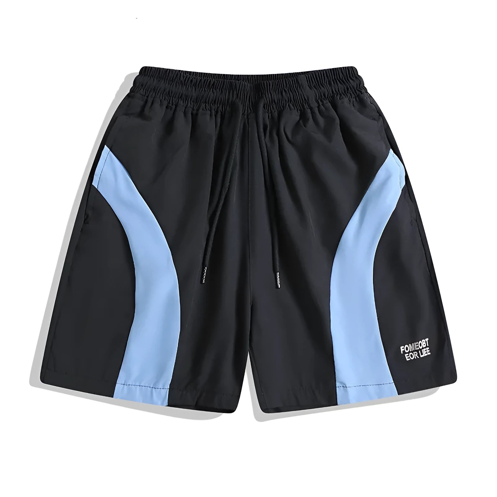 Man wearing loose black quick-drying sports shorts with an elastic waist for training.
