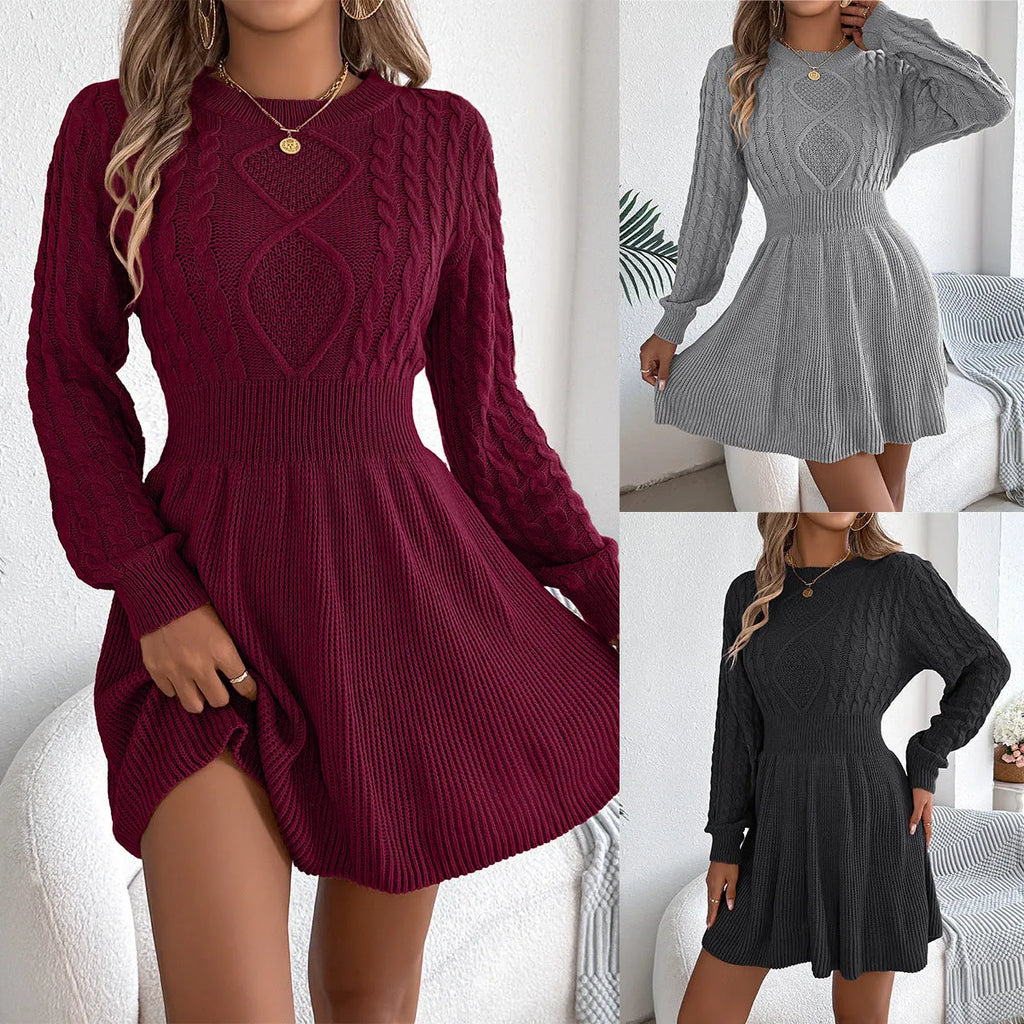 Women's long sleeve black sweater dress with lantern sleeves and a twist-design elasticated waist.