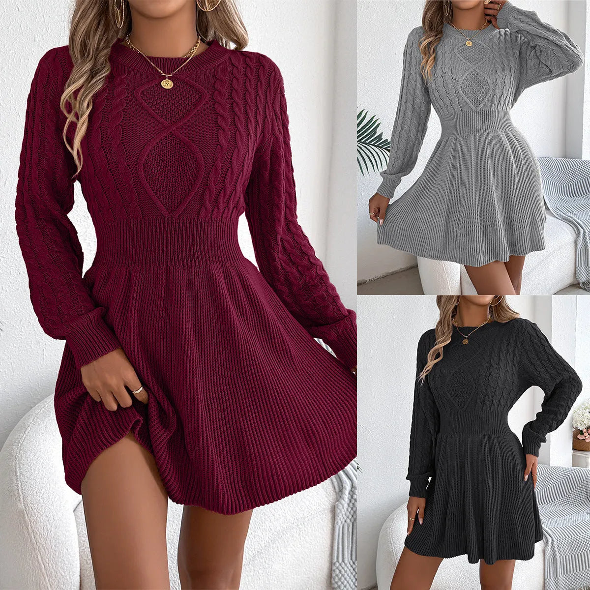 Women's long sleeve black sweater dress with lantern sleeves and a twist-design elasticated waist.