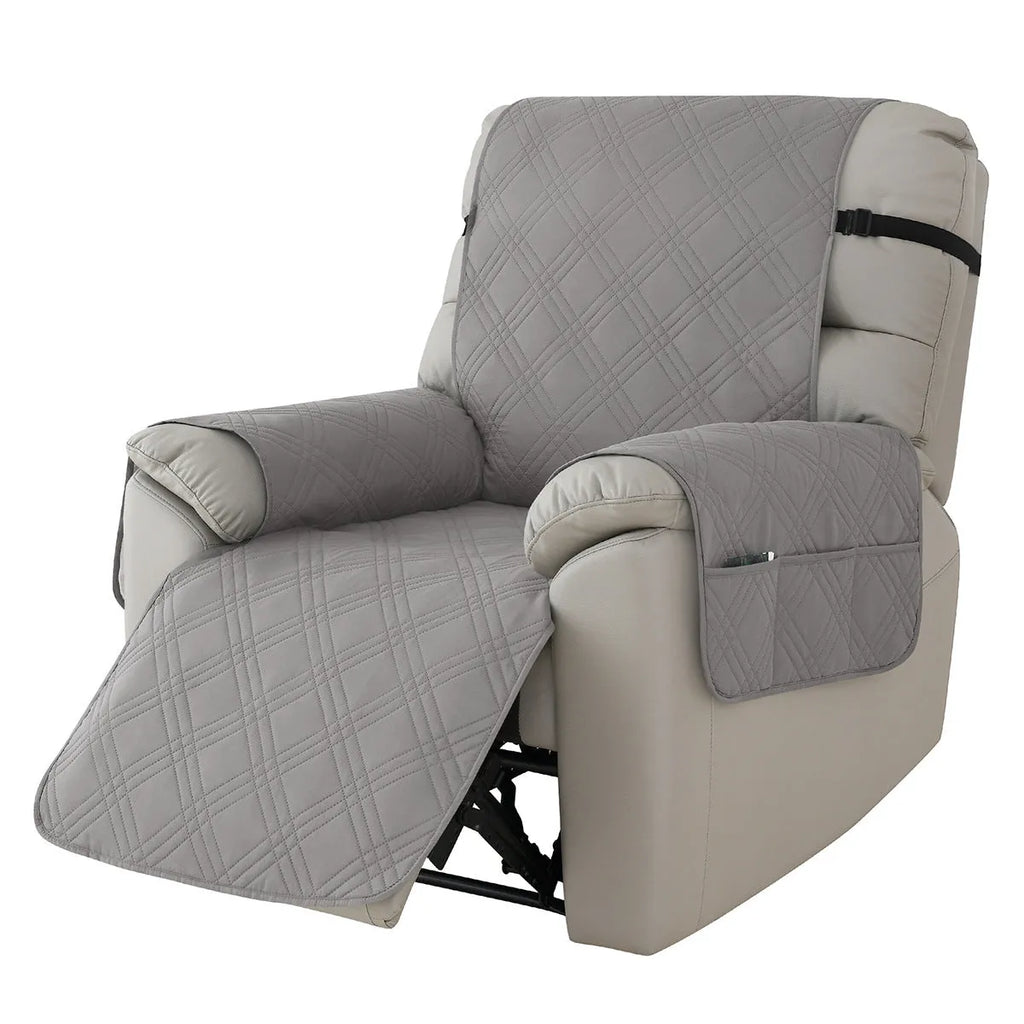 Quilted burgundy waterproof sofa cover fitted on a Chivas massage chair, American country style.