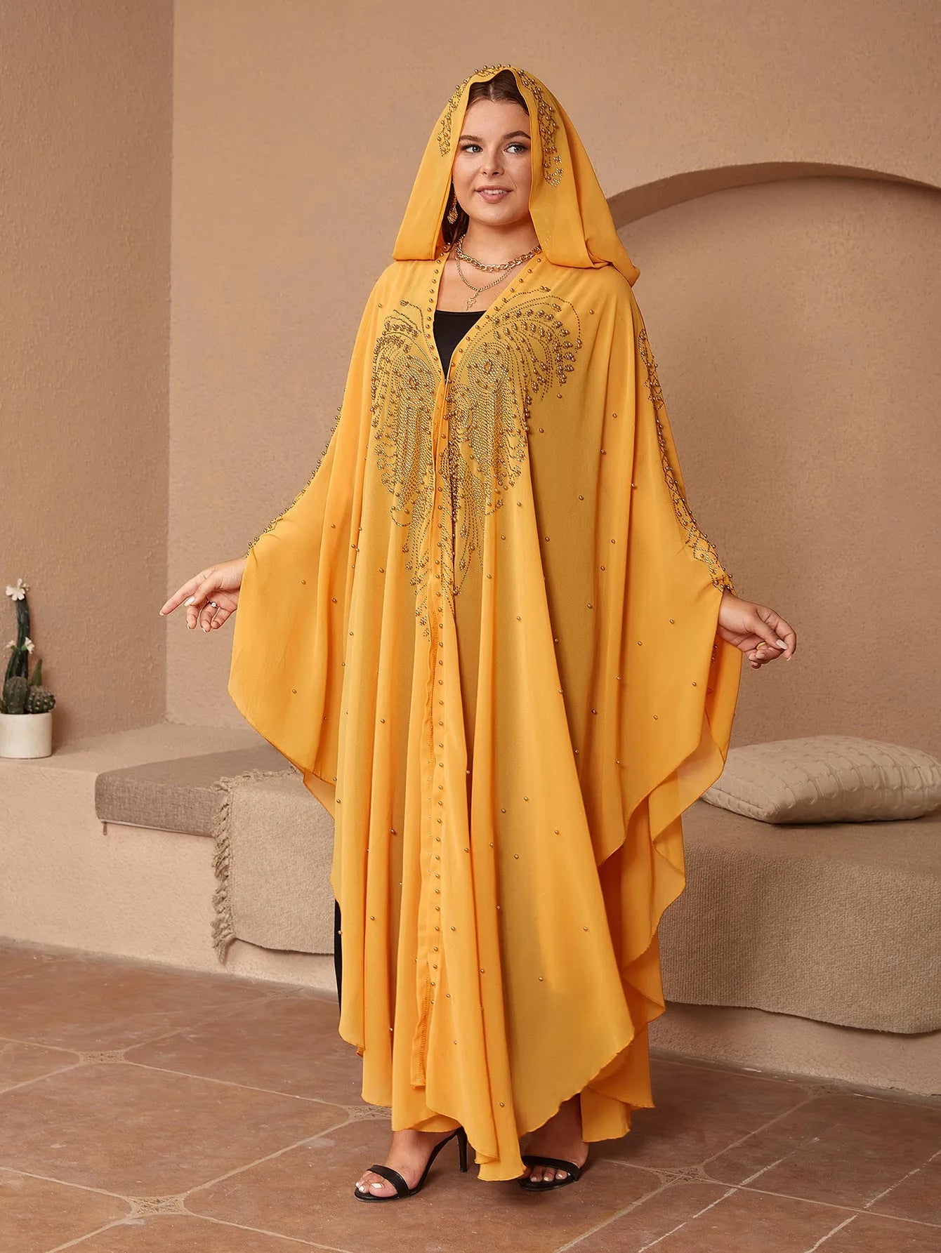 Purple chiffon cape shawl with rhinestone beading, shown draped, for women's modest wear