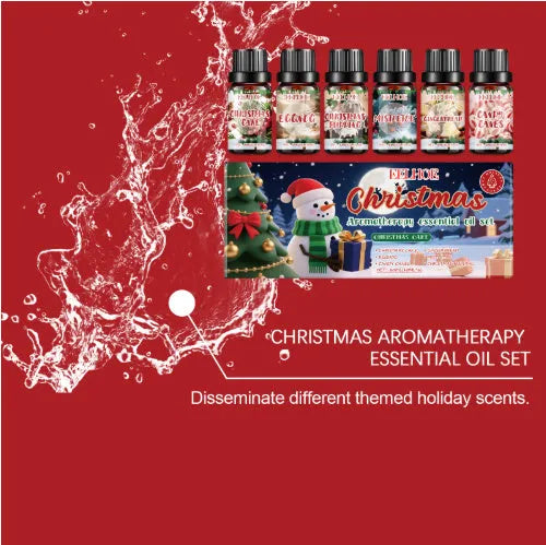 Christmas aromatherapy oil set showing 60ml bottle and six 10ml mini bottles with reed diffuser sticks
