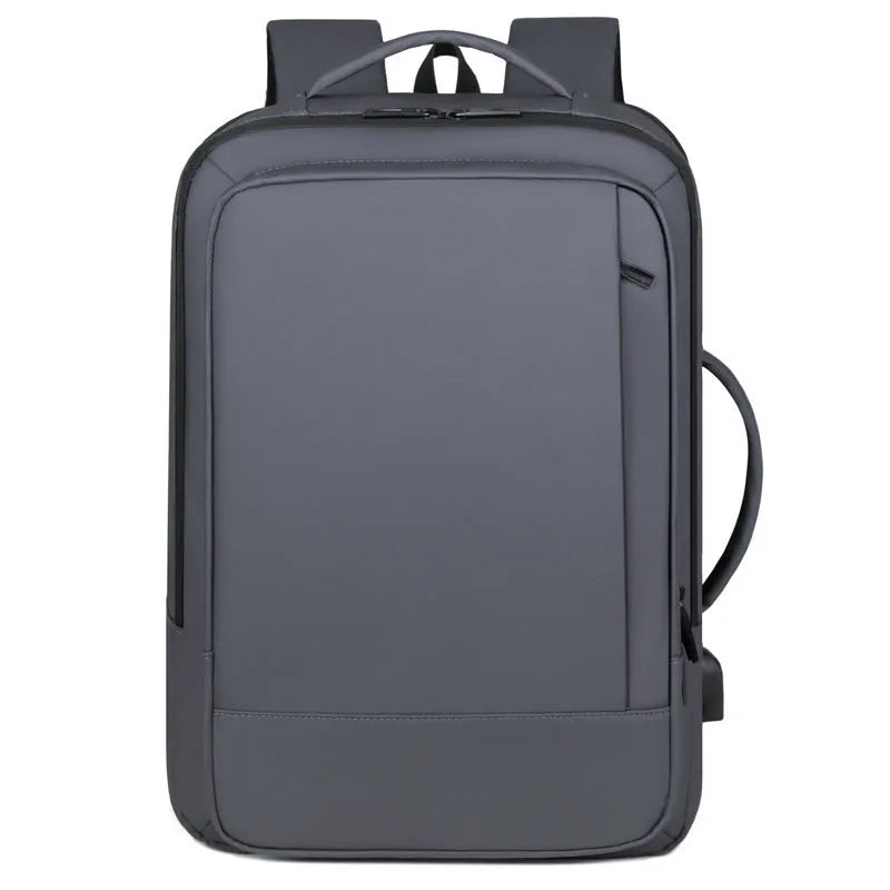 Large black business backpack with curved shoulder strap and waterproof Oxford cloth construction