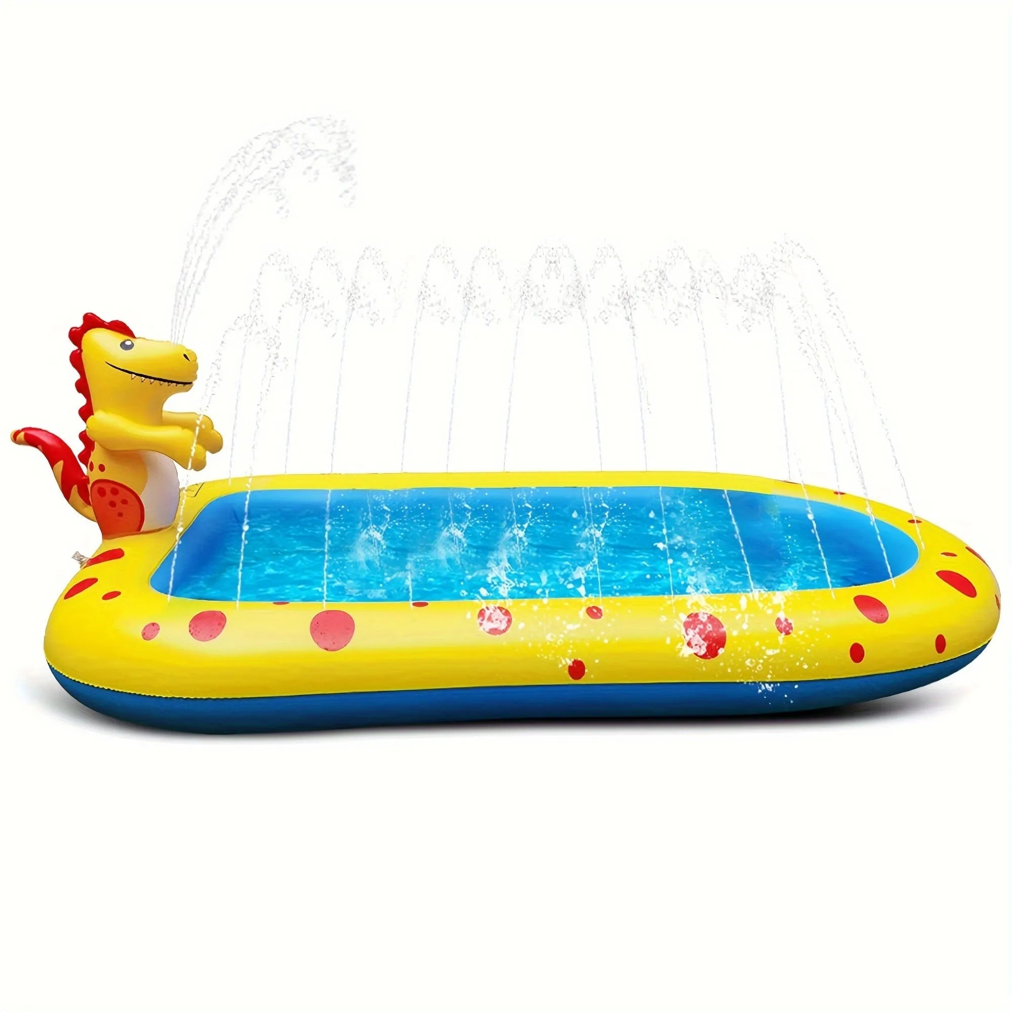 Blue dinosaur-themed inflatable water play pool with spray features for children's outdoor use