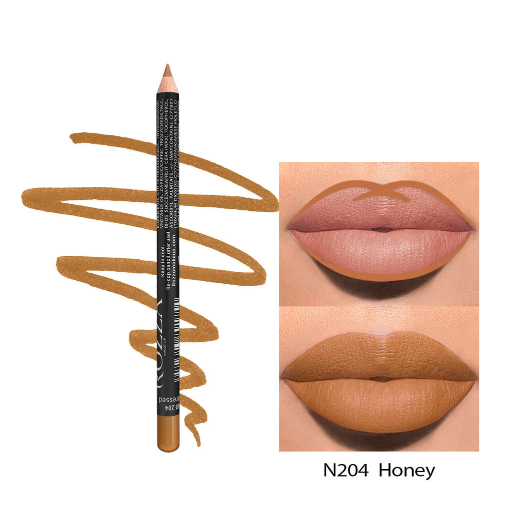 Matte lip liner in wood finish showing rich colour payoff with 14 shade options from 201 to 214