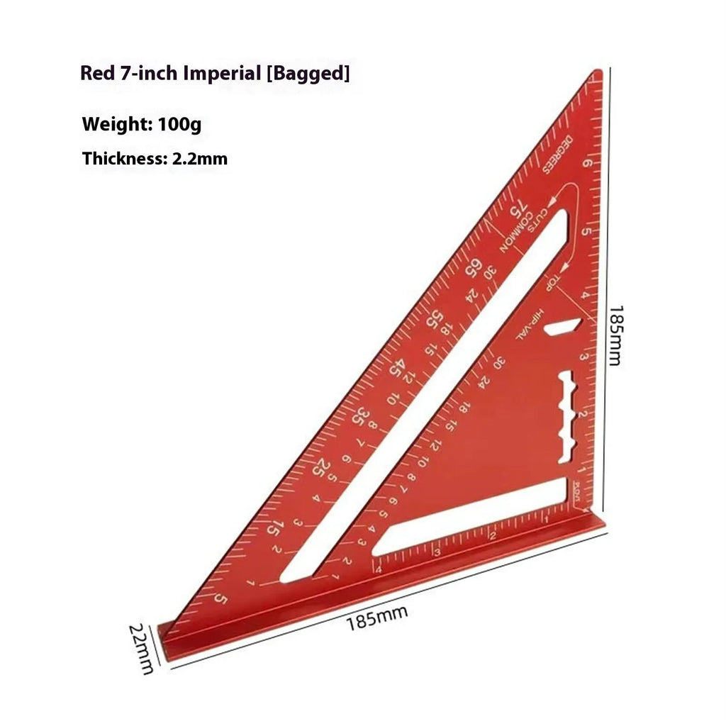 Red metal combination angle ruler showing dual-sided metric and imperial graduation scales.