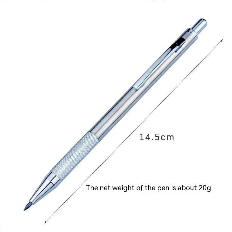 Metal automatic mechanical pencil shown with selection of compatible lead sizes including 0.5mm and 2.0mm.