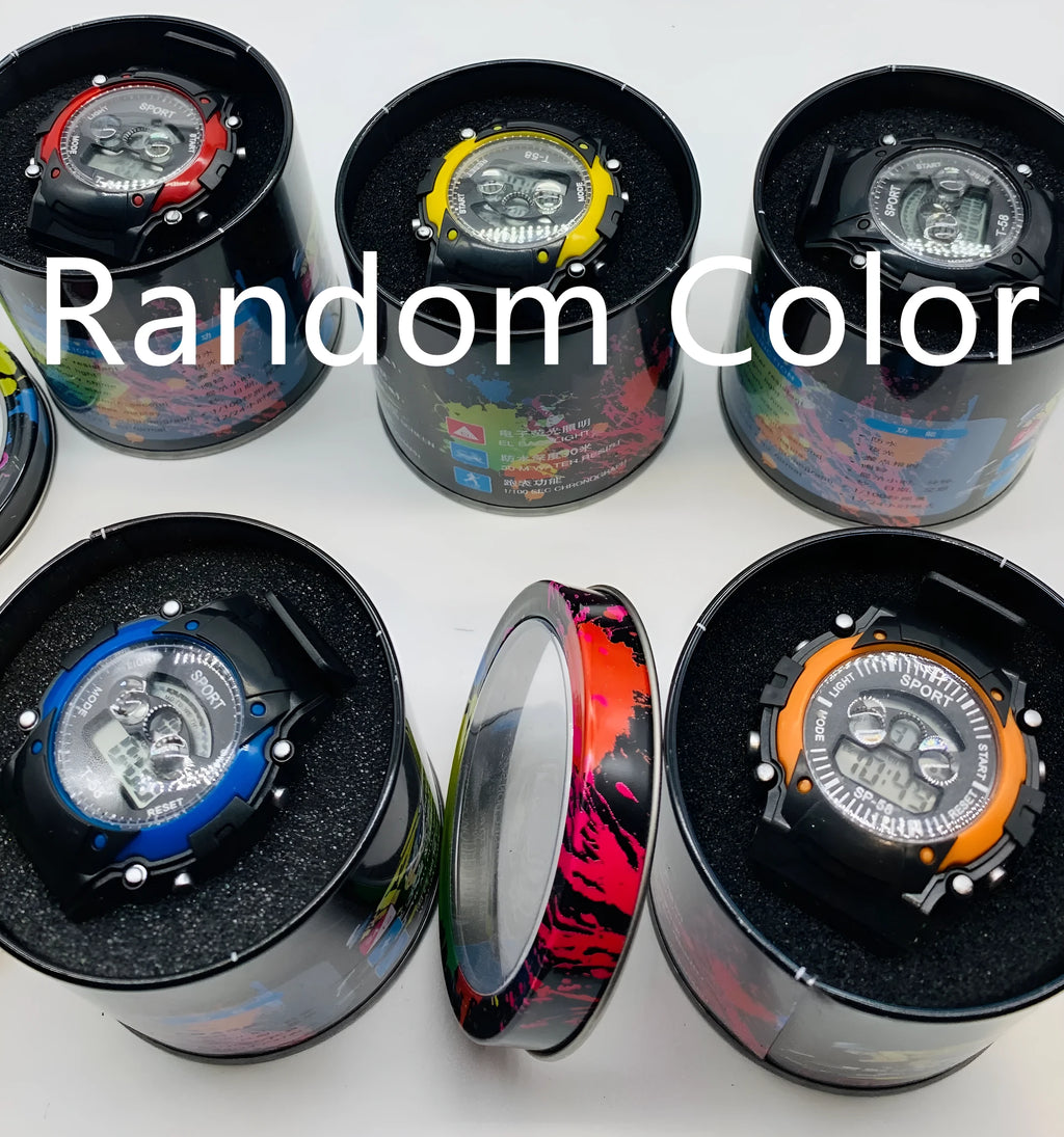 Digital sports watch for students with mixed colours, silicone strap, and waterproof construction