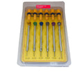 Six colour-coded watch repair screwdrivers with aluminium handles and steel cutter heads