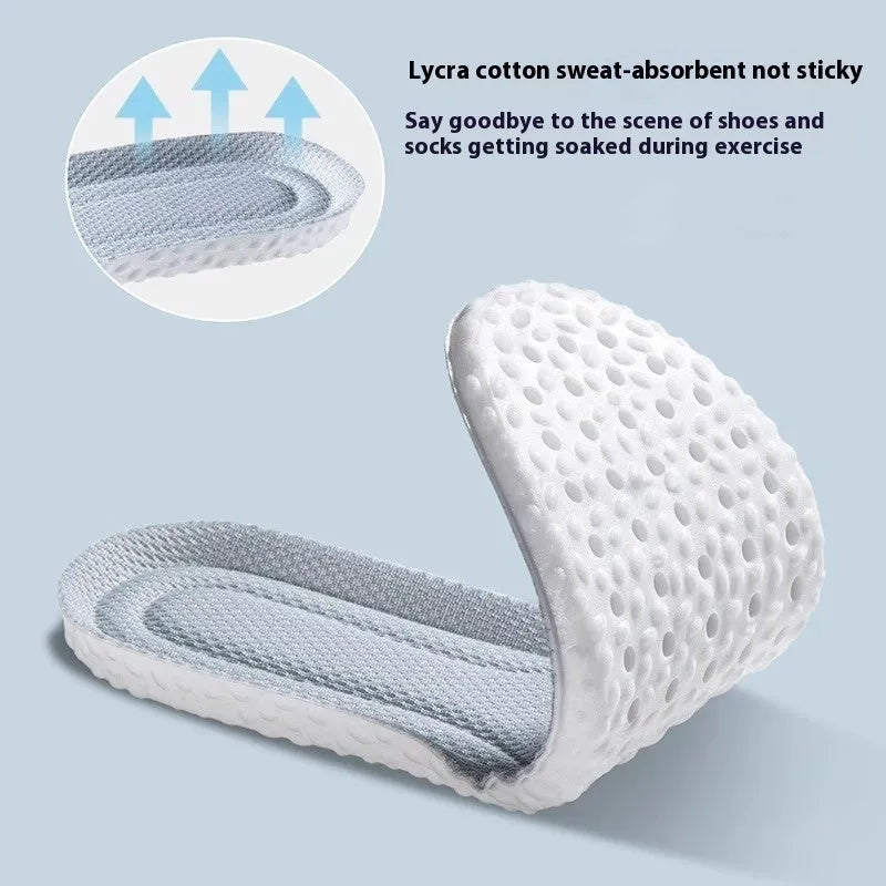 Grey, black, and orange breathable sports insoles made from soft PU, shown with size guide from 35 to 46.