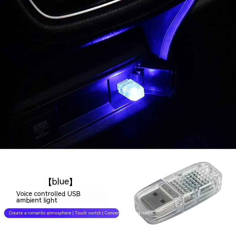 Multi-function USB car atmosphere light showing RGB and solid colour modes on a dashboard.