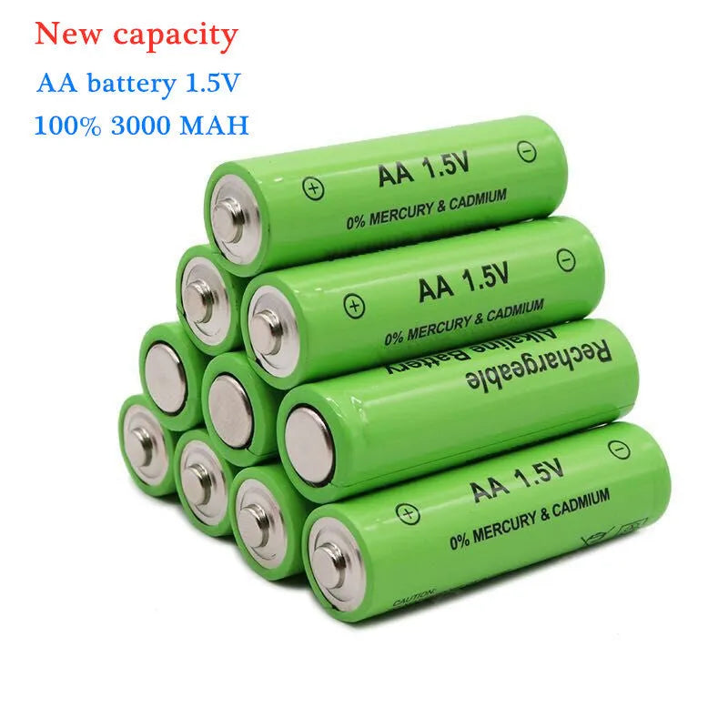 Pack of green AA alkaline rechargeable batteries with 3000mAh capacity and 1000 cycle rating.