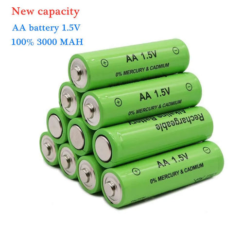 Pack of green AA alkaline rechargeable batteries with 3000mAh capacity and 1000 cycle rating.