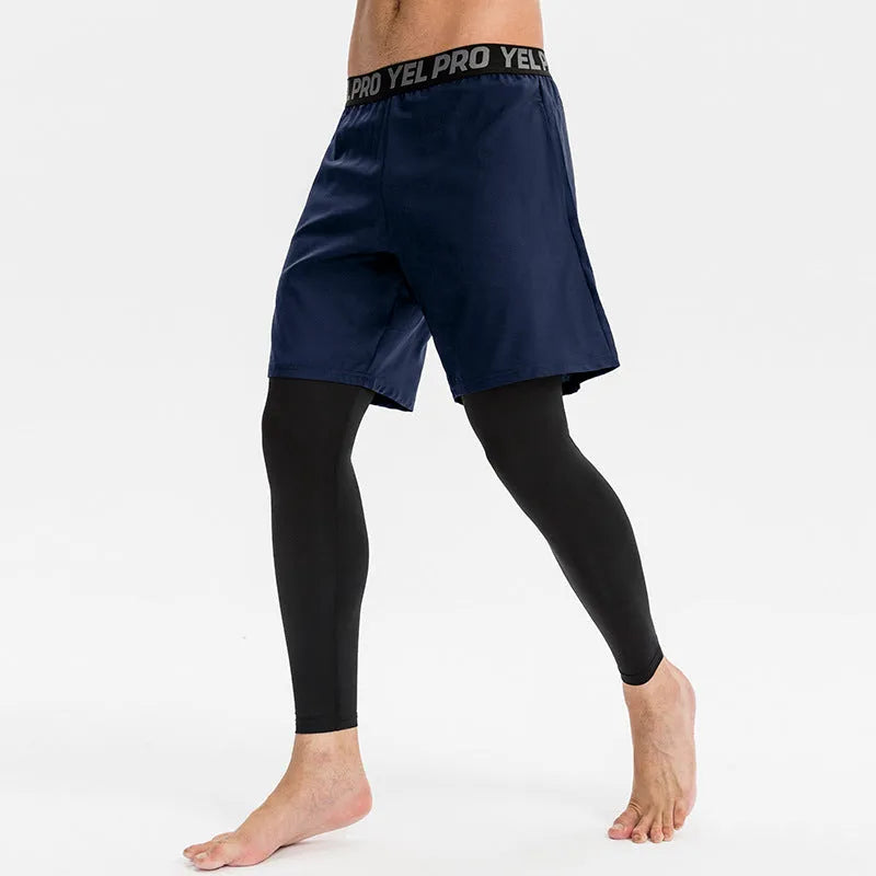 Men's tight fitness pants in grey polyester spandex fabric, shown in a running pose.