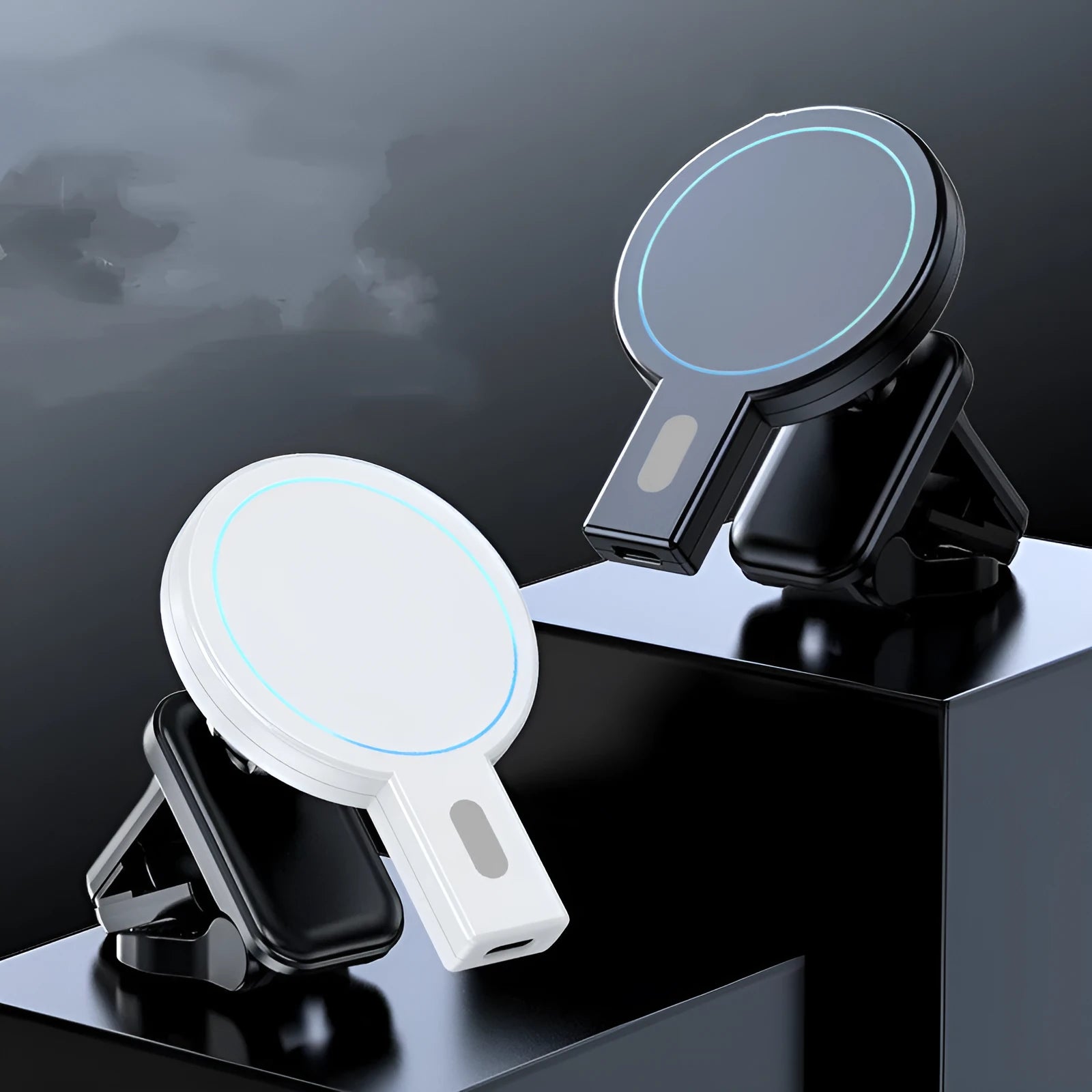 Black and white magnetic wireless charger with compact 85mm design and PD charging support
