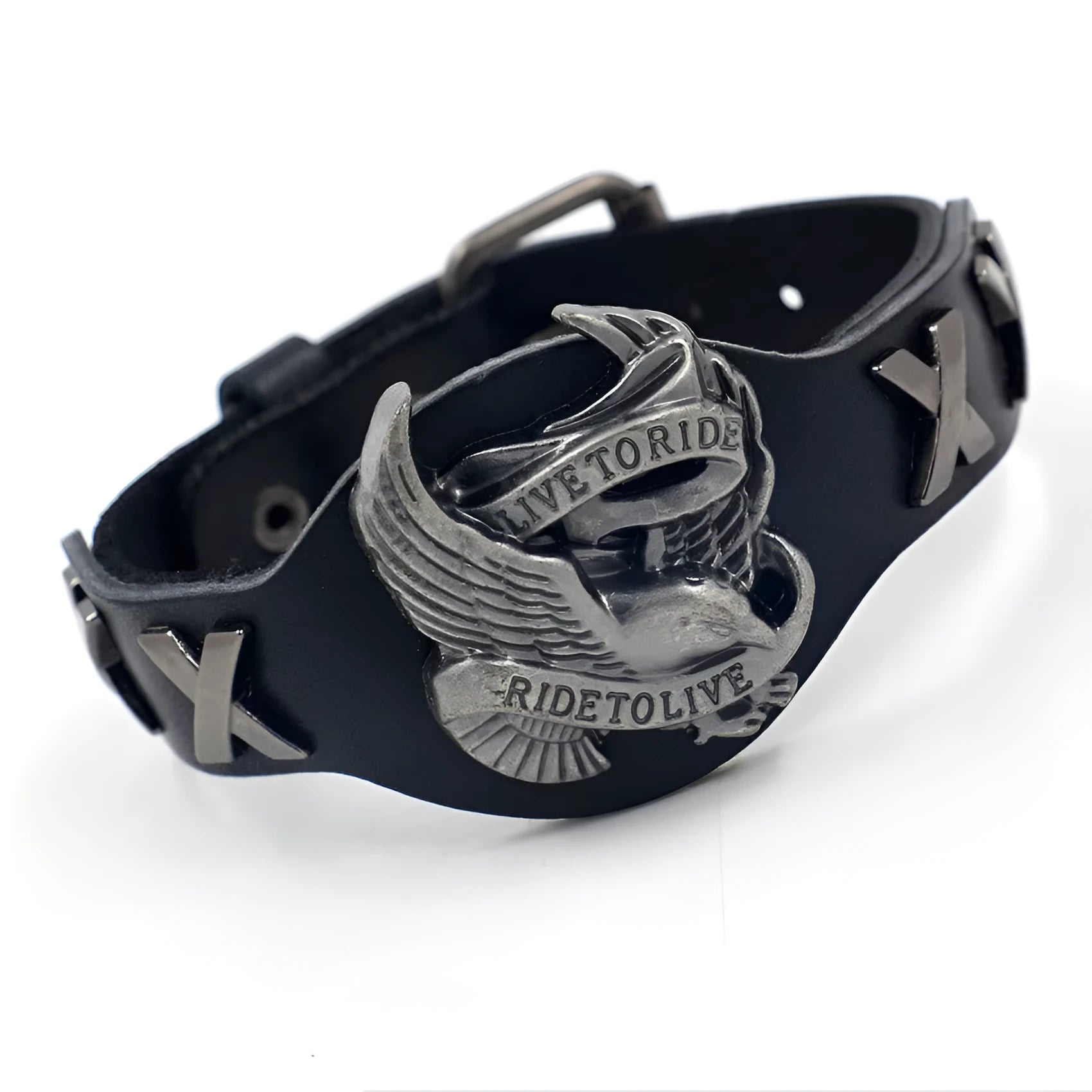Black geometric leather bracelet with a detailed eagle watch-button clasp, shown flat.