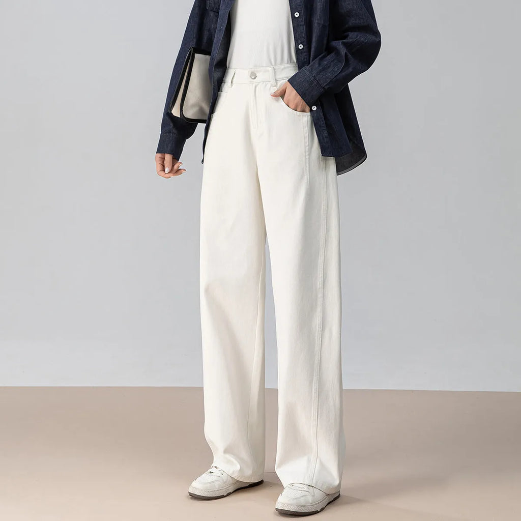 High-waisted curved sickle wide-leg pants in off-white soft denim cotton trousers with slight stretch for women