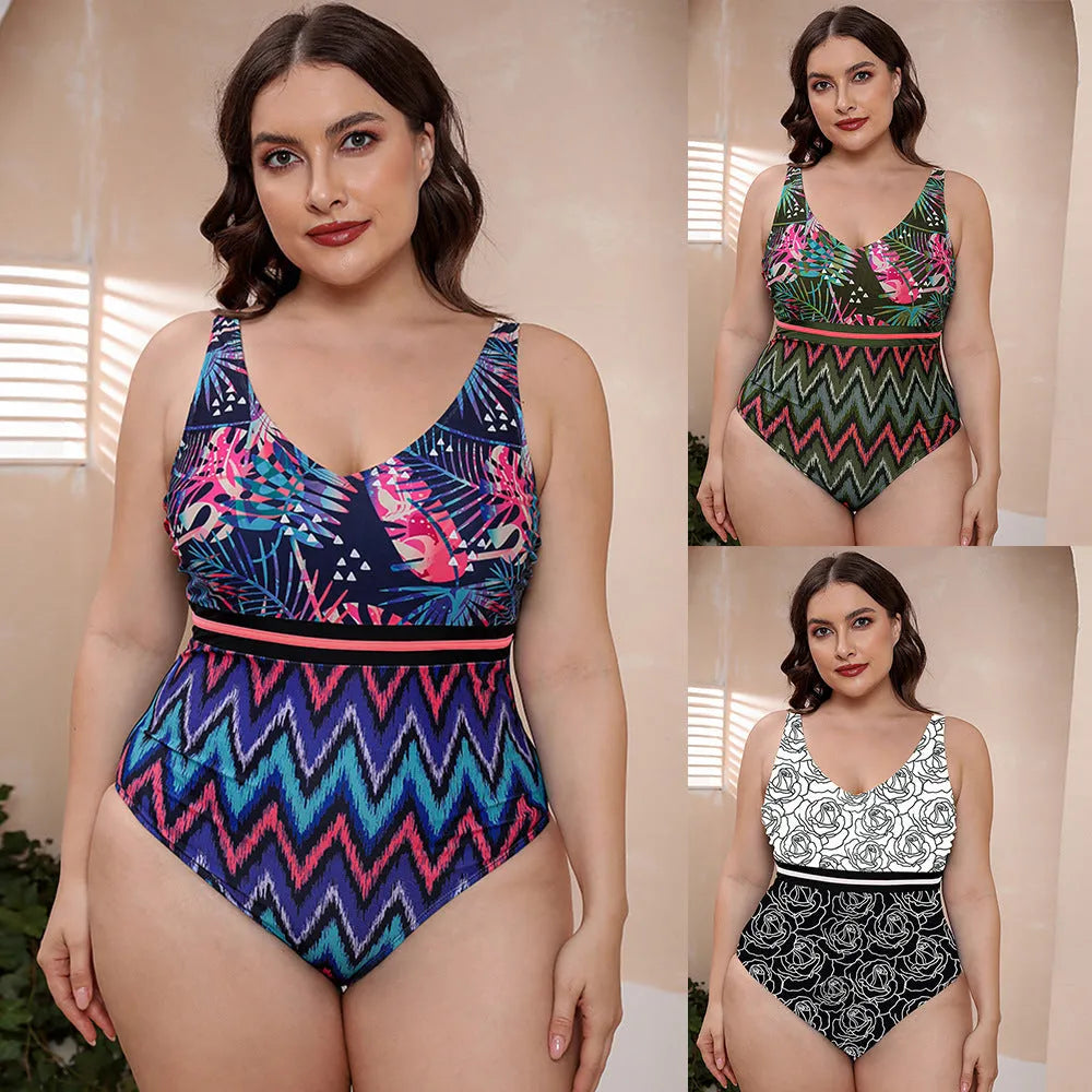 Women's blue printed one-piece swimsuit with spaghetti straps and a striped vest design