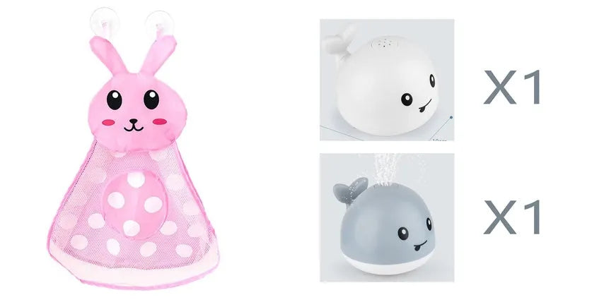 Whale-shaped electric bath toy spraying water with flashing lights, on a blue base.