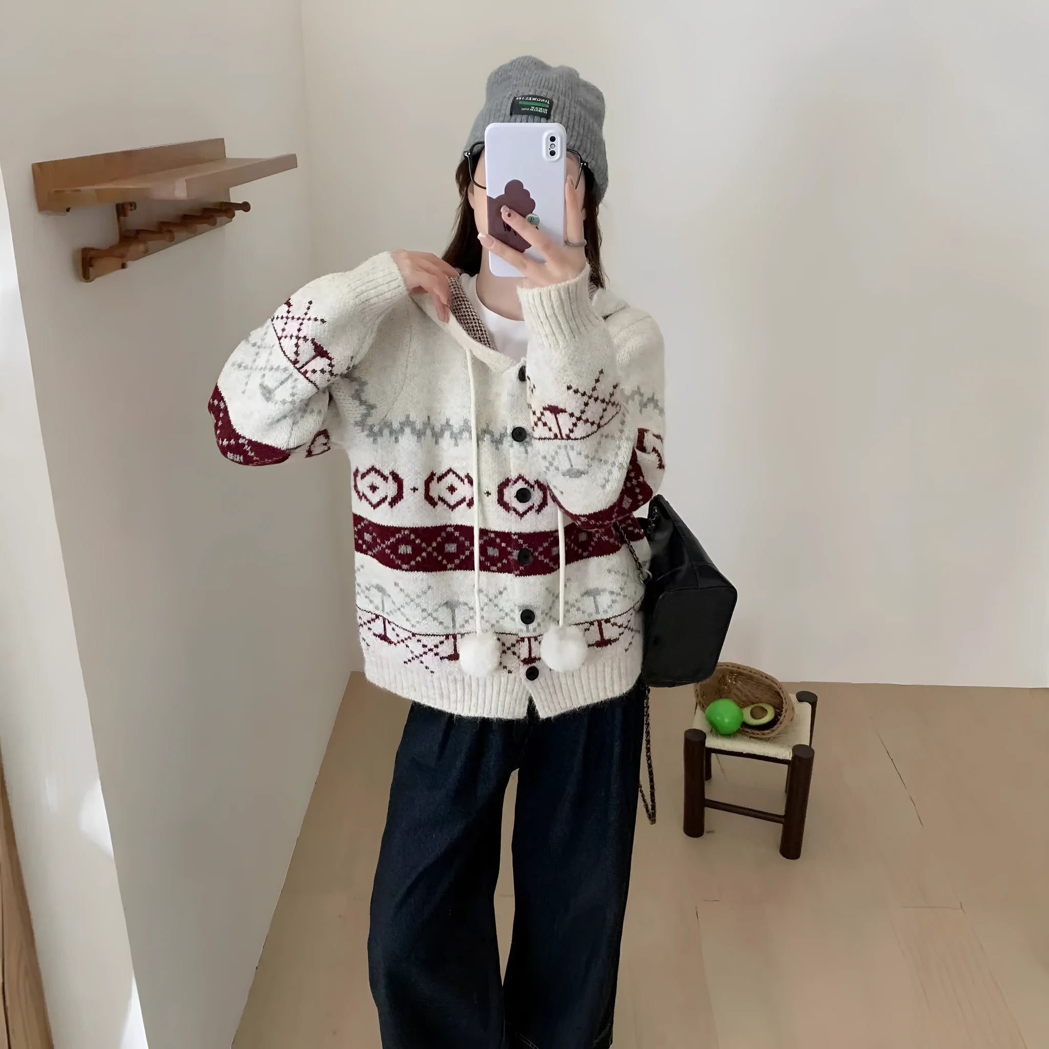 Plus size women's brocade sweater coat with geometric pattern in milky white beige colour
