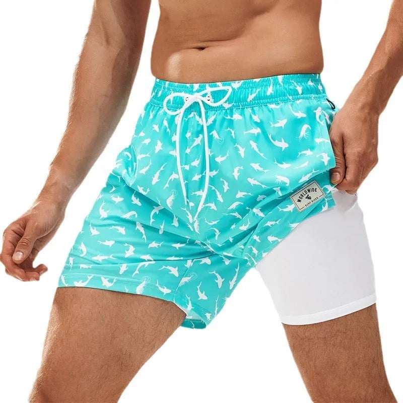 Men's loose floral pattern swimming trunks in quick-drying spandex fabric
