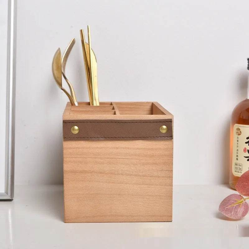 Wooden kitchen storage box with grid dividers for knives forks chopsticks