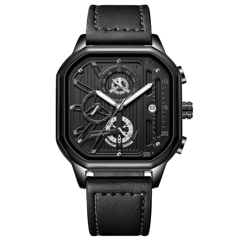 Men's multifunctional quartz watch with belt-style strap showing black shell with gold nails design