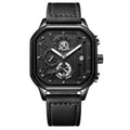 Men's multifunctional quartz watch with belt-style strap showing black shell with gold nails design