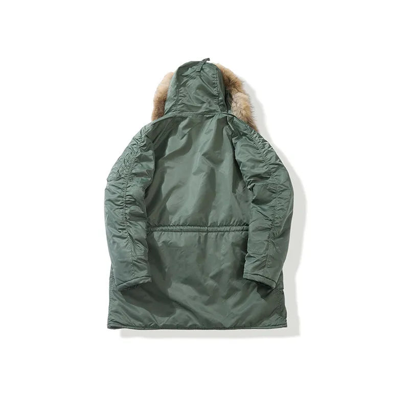 Men's thick winter parka coat in solid colour with detachable collar and loose fit