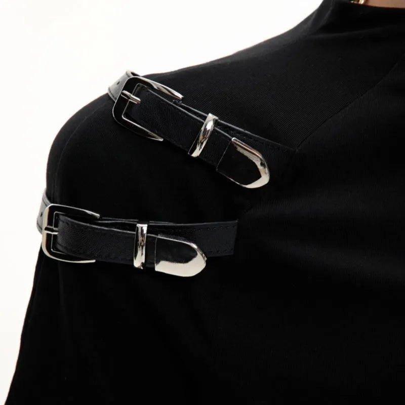 Men's black cotton short-sleeve T-shirt with a stand-up collar and metallic belt detail on a slim fit.