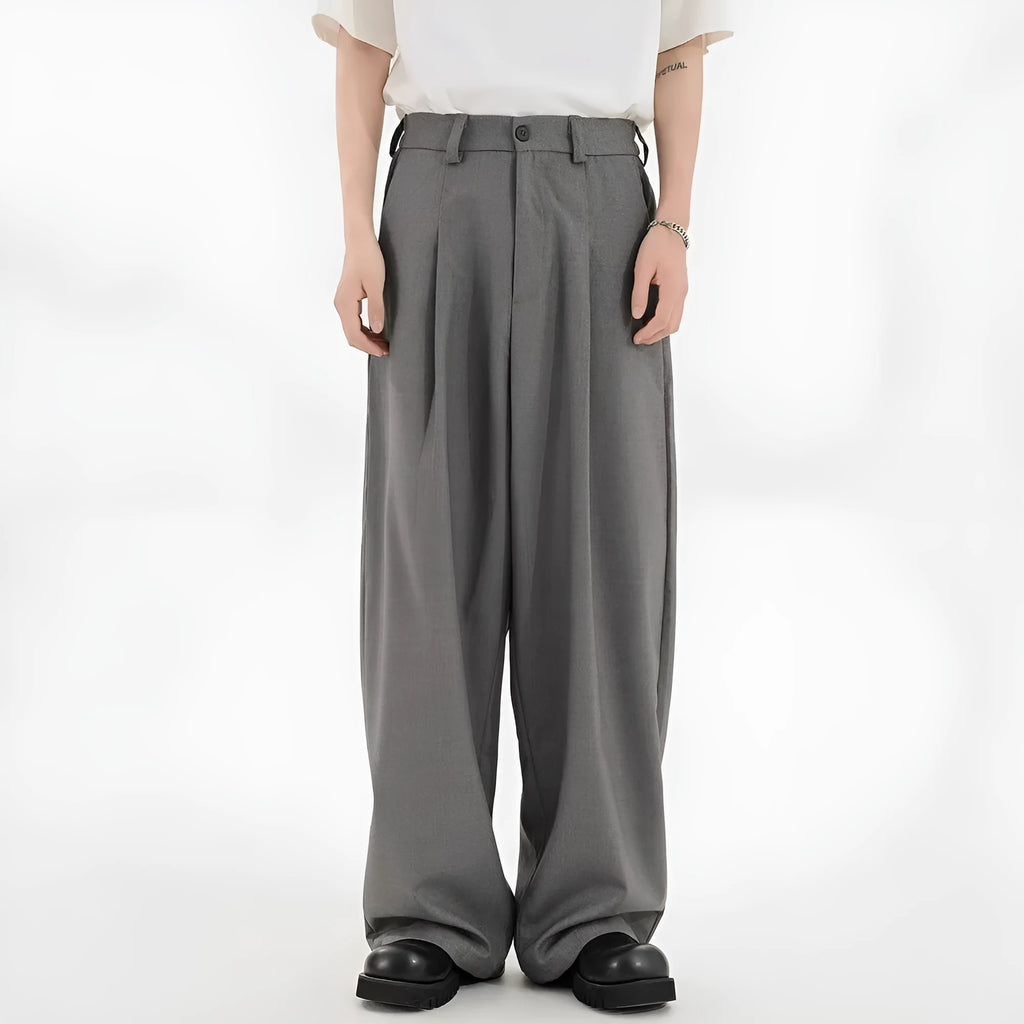 Men's straight casual trousers in black, loose fit, front view, polyester blend fabric