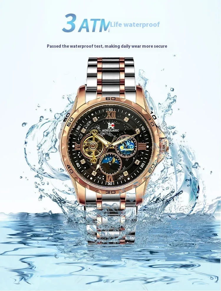 Men's rose gold shell black surface automatic mechanical watch with large dial on wrist
