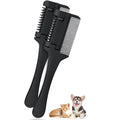 A pet razor comb grooming tool with a plastic handle and metal blade, shown with spare replacement blades.