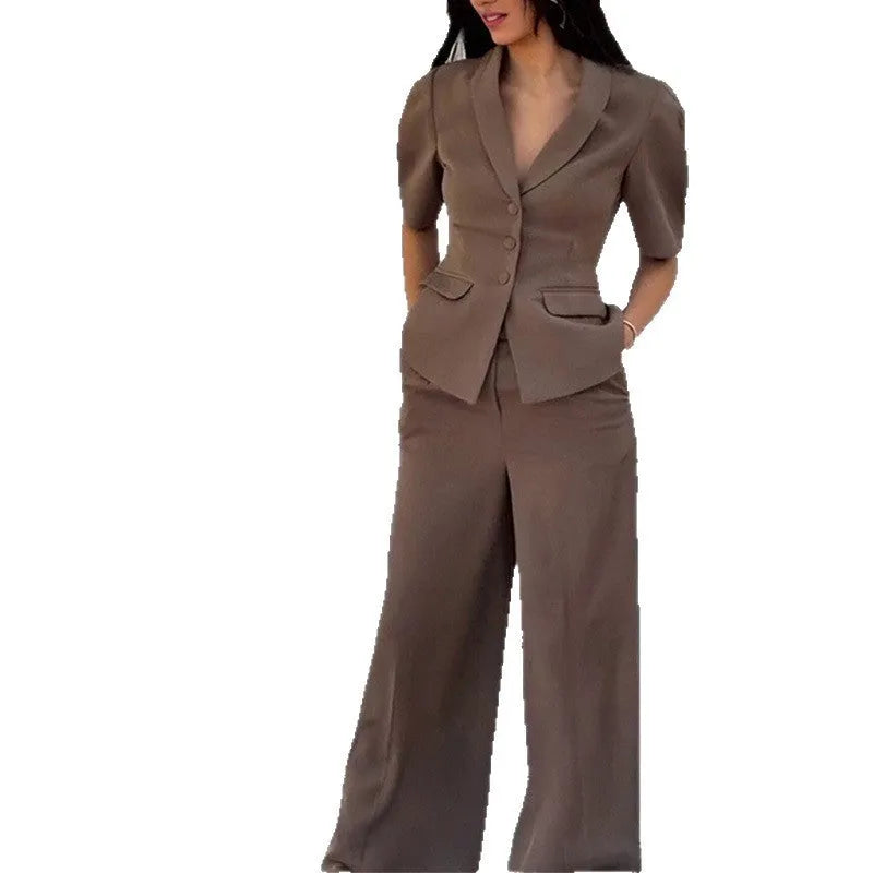 Brown polyester two-piece suit with trousers and matching top slim fit waist