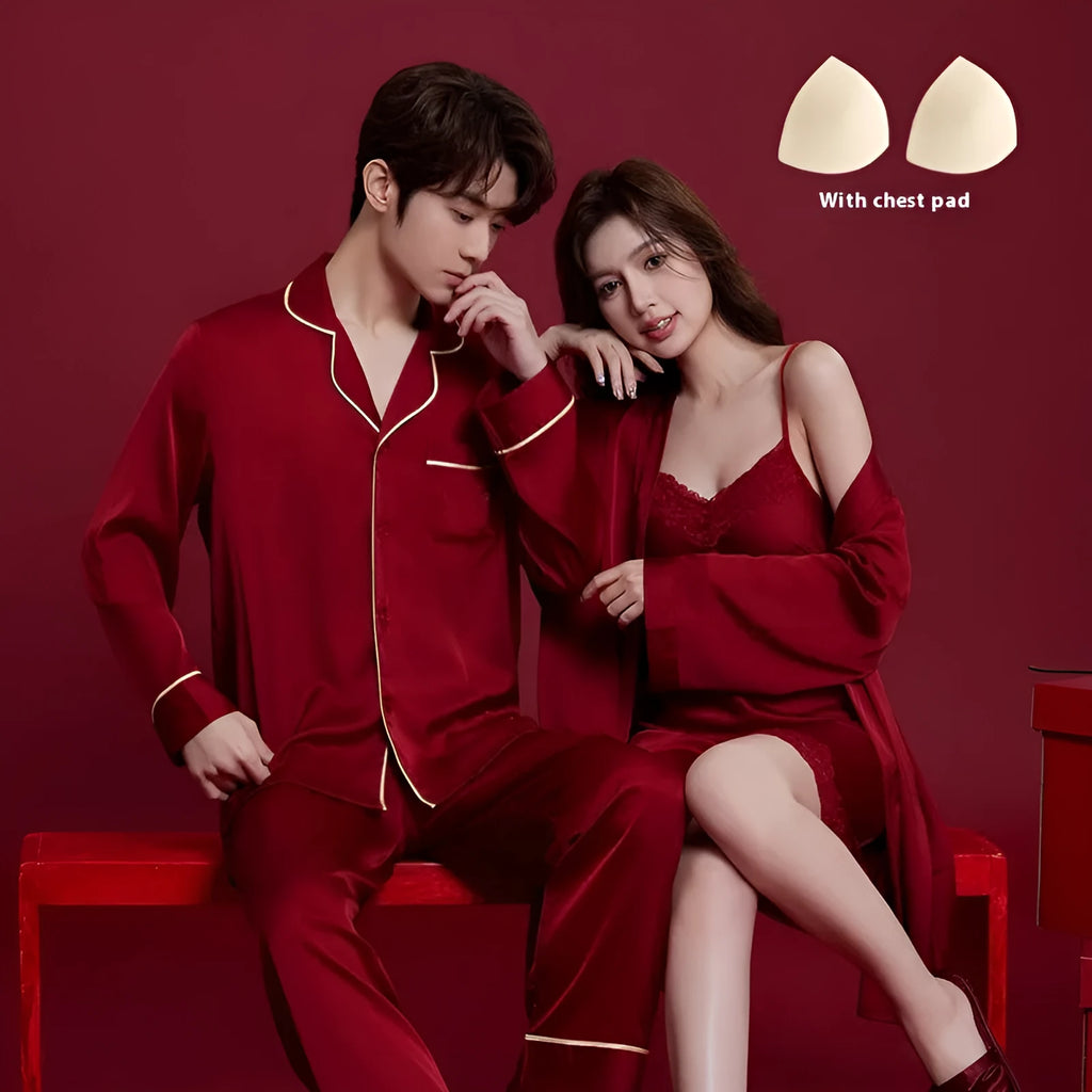 Red long sleeve polyester pyjama set for men and women on hangers