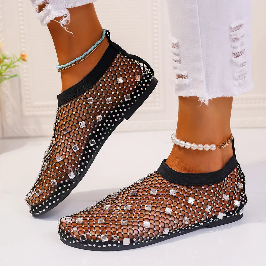 Women's colourful rhinestone decorated mesh flat sandals with round toe and rubber soles