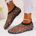 Women's colourful rhinestone decorated mesh flat sandals with round toe and rubber soles