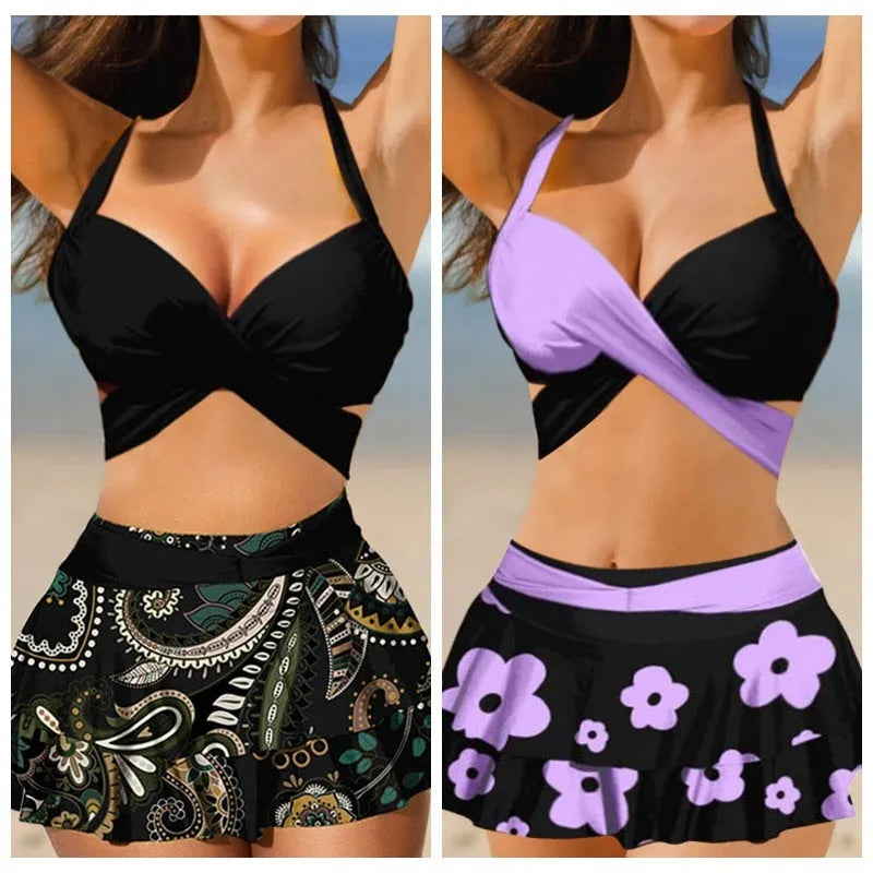 Women's purple bikini set with lace-up design featuring sleeveless top and high-waist split skirt