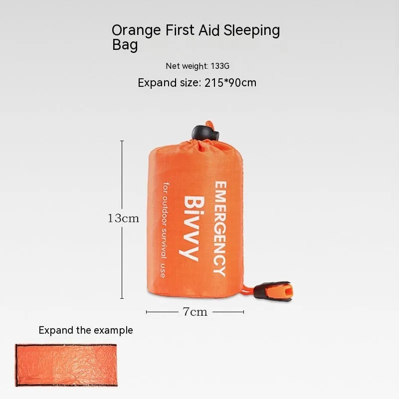Orange emergency survival tent with sleeping bag and blanket for disaster relief