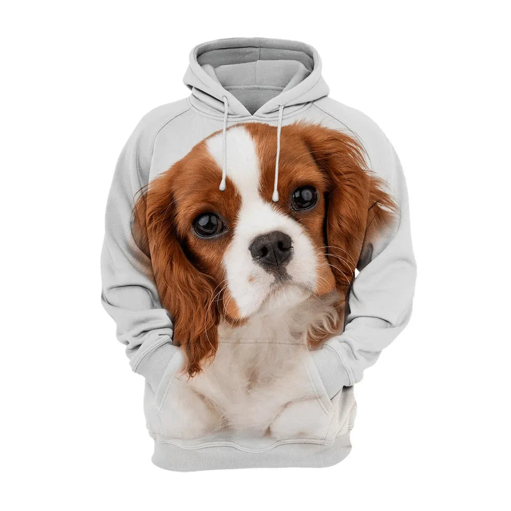 Men's animal dog print polyester hoodie with hood in loose pullover fit for winter